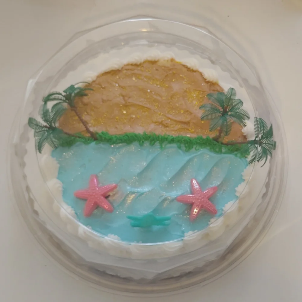 🆕Beach Theme Cake Topper Set with🩷Pink Starfishs &🌴Palm Trees, plus Carrier.